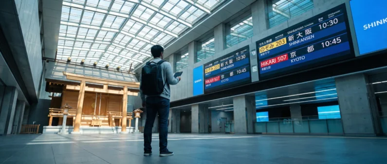 Consejos reales para viajar a japón 2026 por primera vez - planificacion viaje japon 2026 turismo digital estacion Planificación estratégica para viajar a japón 2026: contraste entre modernidad digital y arquitectura tradicional en una estación de tren japonesa