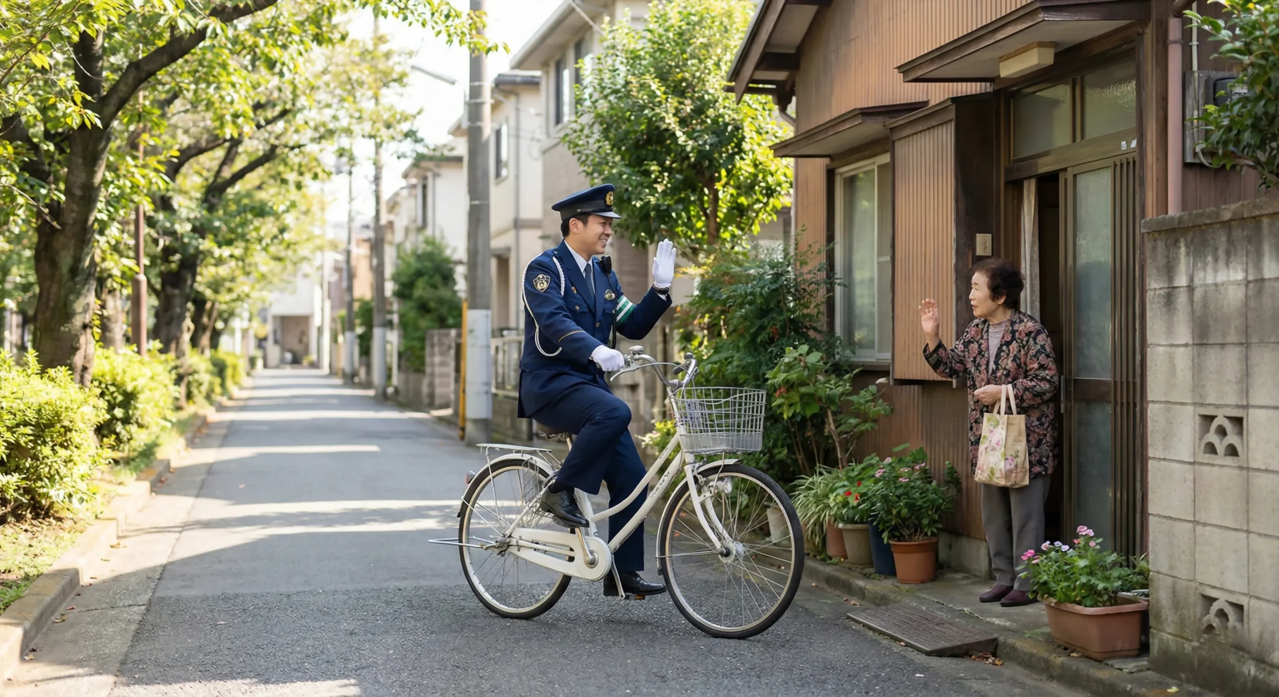 Guía de los koban y la seguridad en las calles de japón - policia japon bicicleta blanca koban barrio scaled La vigilancia por presencia en bicicleta es una de las labores más reconocibles de los oficiales del koban