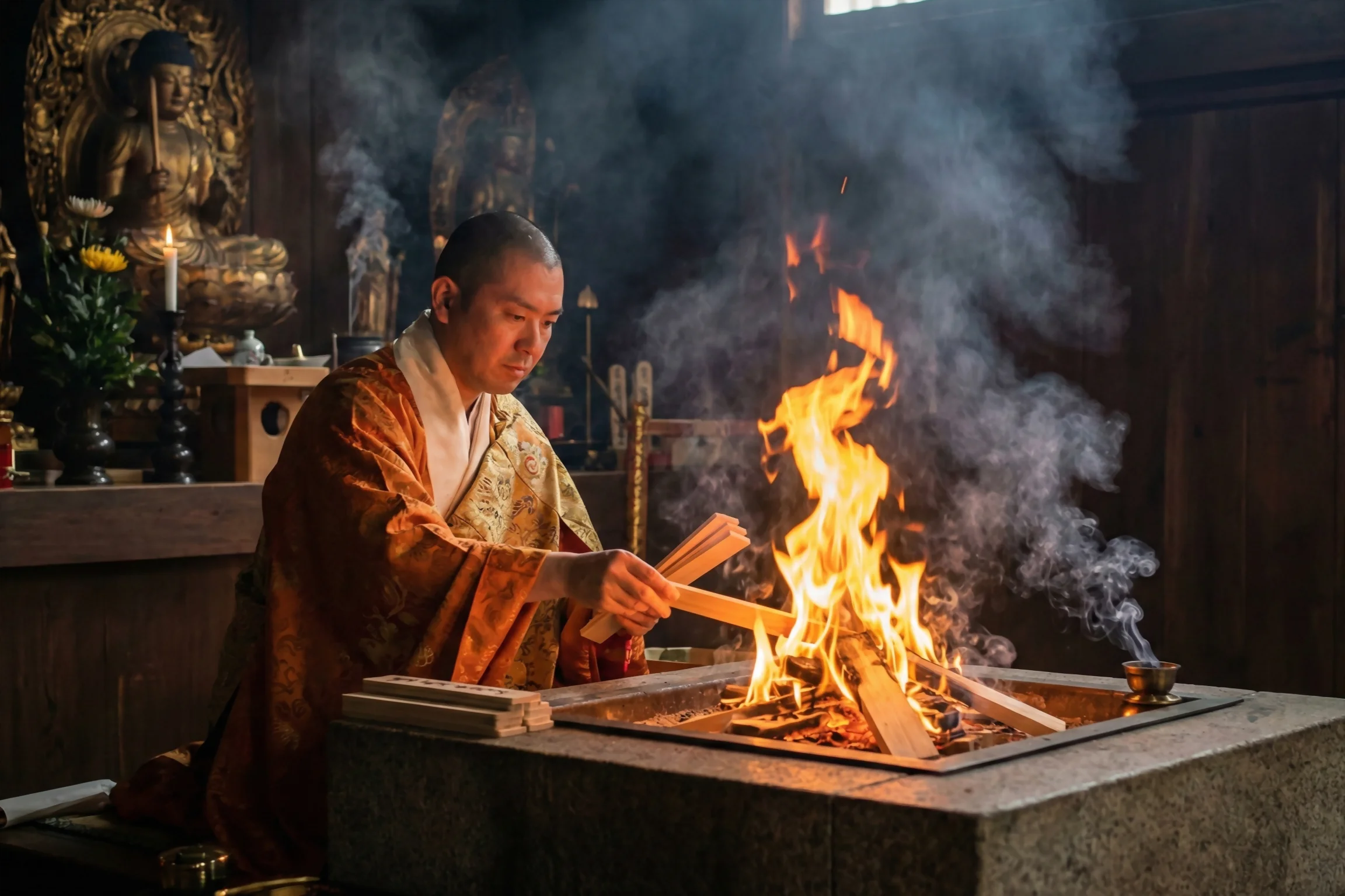 Dormir en un templo budista: mi experiencia en el monte koya - ritual fuego goma otsutome monte koya shingon El espectacular ritual del fuego goma en el monte koya simboliza la purificación del karma y los deseos terrenales durante el servicio matutino