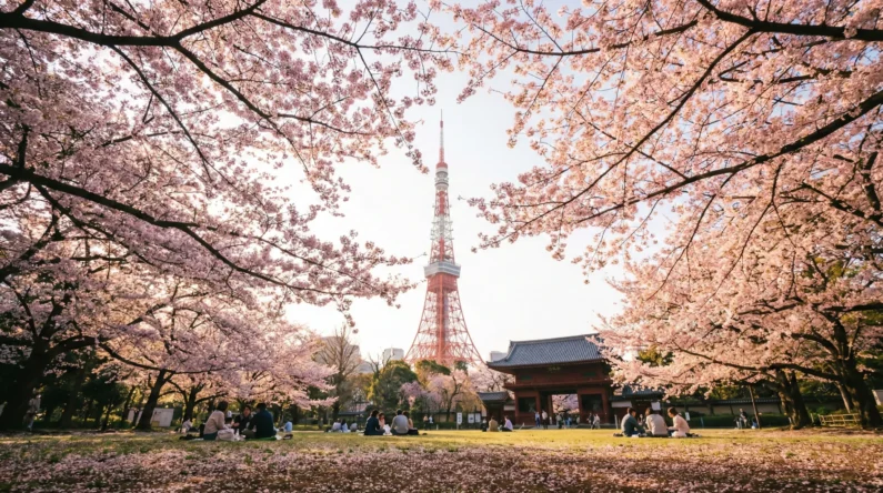 Sakura en tokio 2026: dónde ver cerezos sin multitudes - sakura tokio 2026 parque shiba torre tokio Vista panorámica del sakura en tokio 2026 desde el parque shiba, uniendo la modernidad con la tradición del hanami