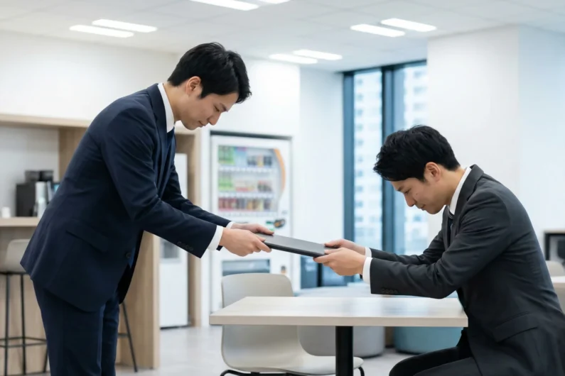 Los 4 niveles de cortesía: cuándo hablar normal y cuándo ser humilde - saludo eshaku oficina japonesa etiqueta Dos compañeros de trabajo realizando una reverencia eshaku de 15 grados en una oficina de tokio, ejemplificando la etiqueta social diaria