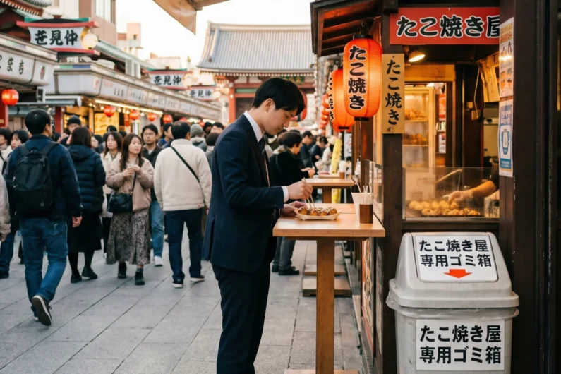7 cosas de mala educación en japón que los turistas hacen sin saberlo - tabearuki etiqueta comida callejera japon no comer caminando Los clientes consumen takoyaki de pie junto al puesto, respetando la norma de no comer mientras se camina