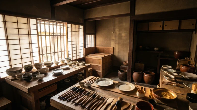 Nuestra experiencia con el kintsugi en kioto - taller kintsugi tradicional kioto artesania 2026 Interior de un taller de kintsugi en japón donde se practica la técnica milenaria de reparación con oro