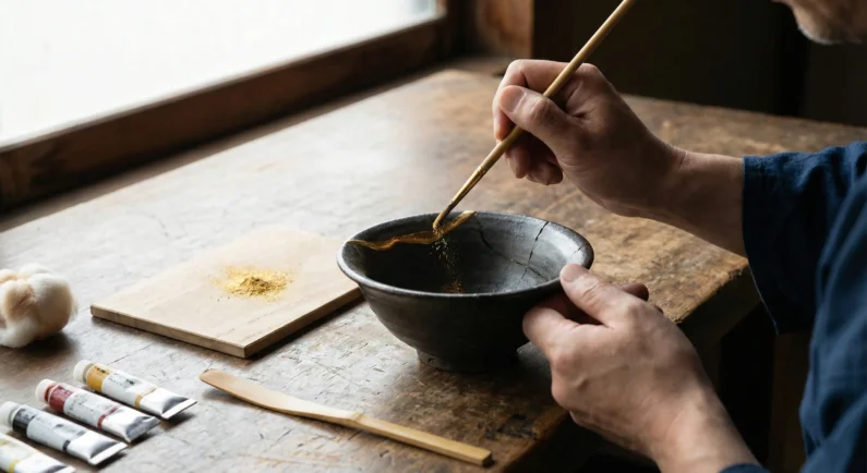 Nuestra experiencia con el kintsugi en kioto - tecnica kintsugi oro laca urushi pasos Detalle de la aplicación de oro en una pieza de cerámica siguiendo la técnica tradicional del kintsugi