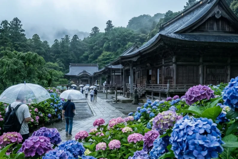 Guía del clima en japón: alertas, tifones y qué hacer en días de lluvia - temporada lluvias japon tsuyu hortensias ajisai El florecimiento de las hortensias (ajisai) tiñe de color los templos de kamakura durante el tsuyu, la temporada de lluvias japonesa
