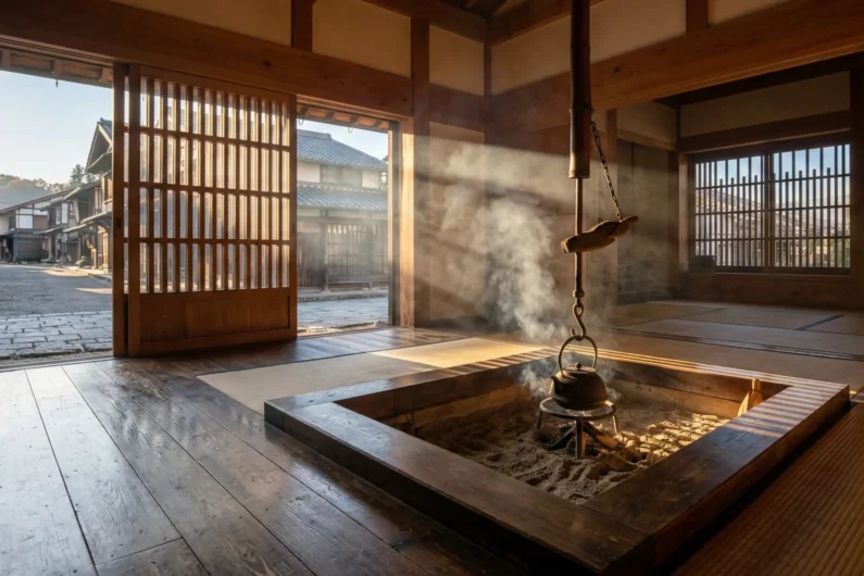 Guía de la ruta nakasendo: senderismo entre magome y tsumago - tsumago juku waki honjin okuya irori iluminado japon El interior del waki-honjin okuya en tsumago juku, donde los rayos de sol penetran la celosía de madera e iluminan el humo del hogar irori tradicional