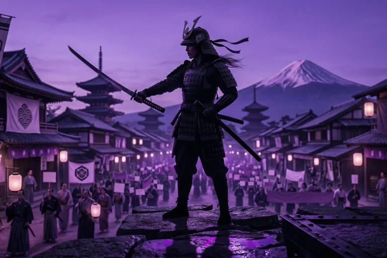 7 mujeres japonesas que rompieron el techo de cristal - 8m 7 mujeres que cambiaron la historia de japon Silueta de una guerrera samurái con katana frente al monte fuji en un antiguo tokio teñido de violeta con pancartas del 8m y mensajes feministas.