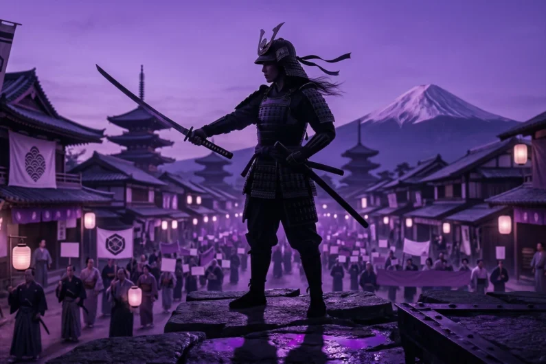 7 mujeres japonesas que rompieron el techo de cristal - 8m 7 mujeres que cambiaron la historia de japon Silueta de una guerrera samurái con katana frente al monte fuji en un antiguo tokio teñido de violeta con pancartas del 8m y mensajes feministas.