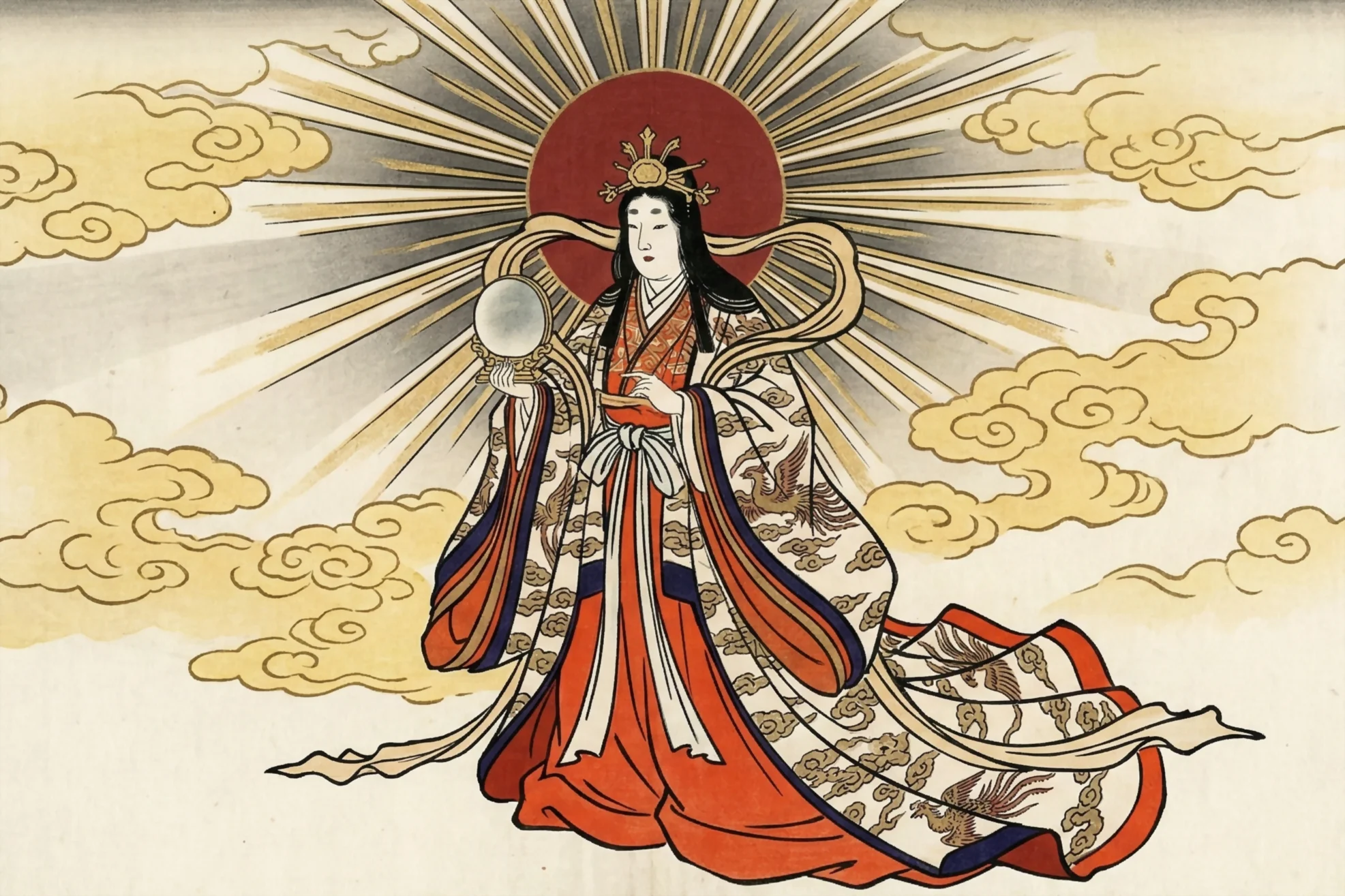 Amaterasu diosa del sol y el mágico origen de japón: guía de santuarios - amaterasu omikami ukiyo e tradicional restaurado 2026 2 Grabado ukiyo-e restaurado de amaterasu ōmikami, la diosa del sol sintoísta, emergiendo con el espejo yata no kagami en un diseño tradicional de madera