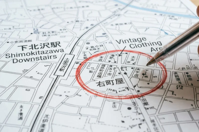 Comprar ropa de marca barata en japón: guía de tiendas de segunda mano (2nd street) - barrios ropa vintage usada tokio shimokitazawa koenji Fotografía de un círculo rojo con un bolígrafo sobre un mapa de papel desgastado de shimokitazawa sobre una mesa de madera.