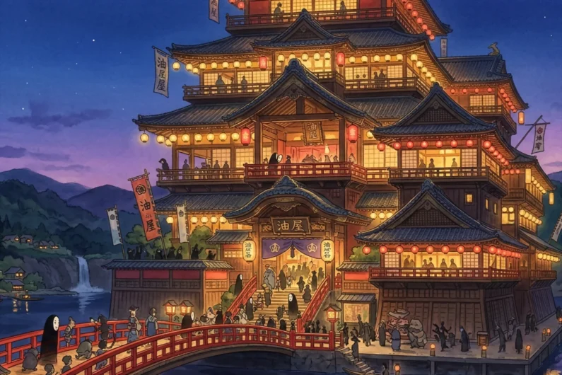 Guía completa de los yokais que aparecen en el viaje de chihiro - casa de banos yubaba el viaje de chihiro Ilustración estilo ghibli de un gran onsen japonés iluminado con farolillos rojos y un puente sobre el agua durante el crepúsculo.