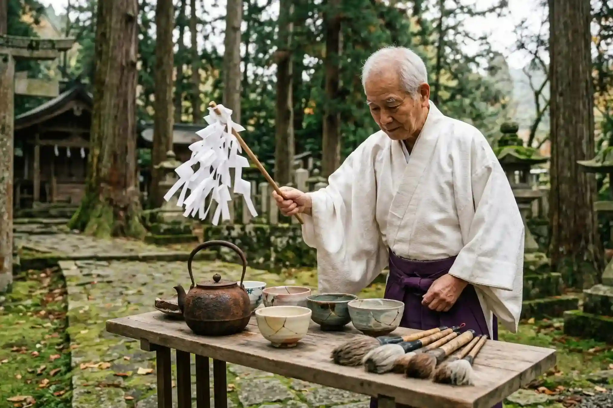 El misterio de los tsukumogami y los objetos que cobran vida al cumplir 100 años - ceremonia kuyo ritual gratitud objeto Una fotografía solemne que muestra a un anciano monje budista japonés con túnicas ceremoniales orando arrodillado frente a un altar lleno de una colección de objetos domésticos viejos y rotos (peines, espejos, muñecas), con incienso quemándose, en un templo tradicional con un jardín al fondo.