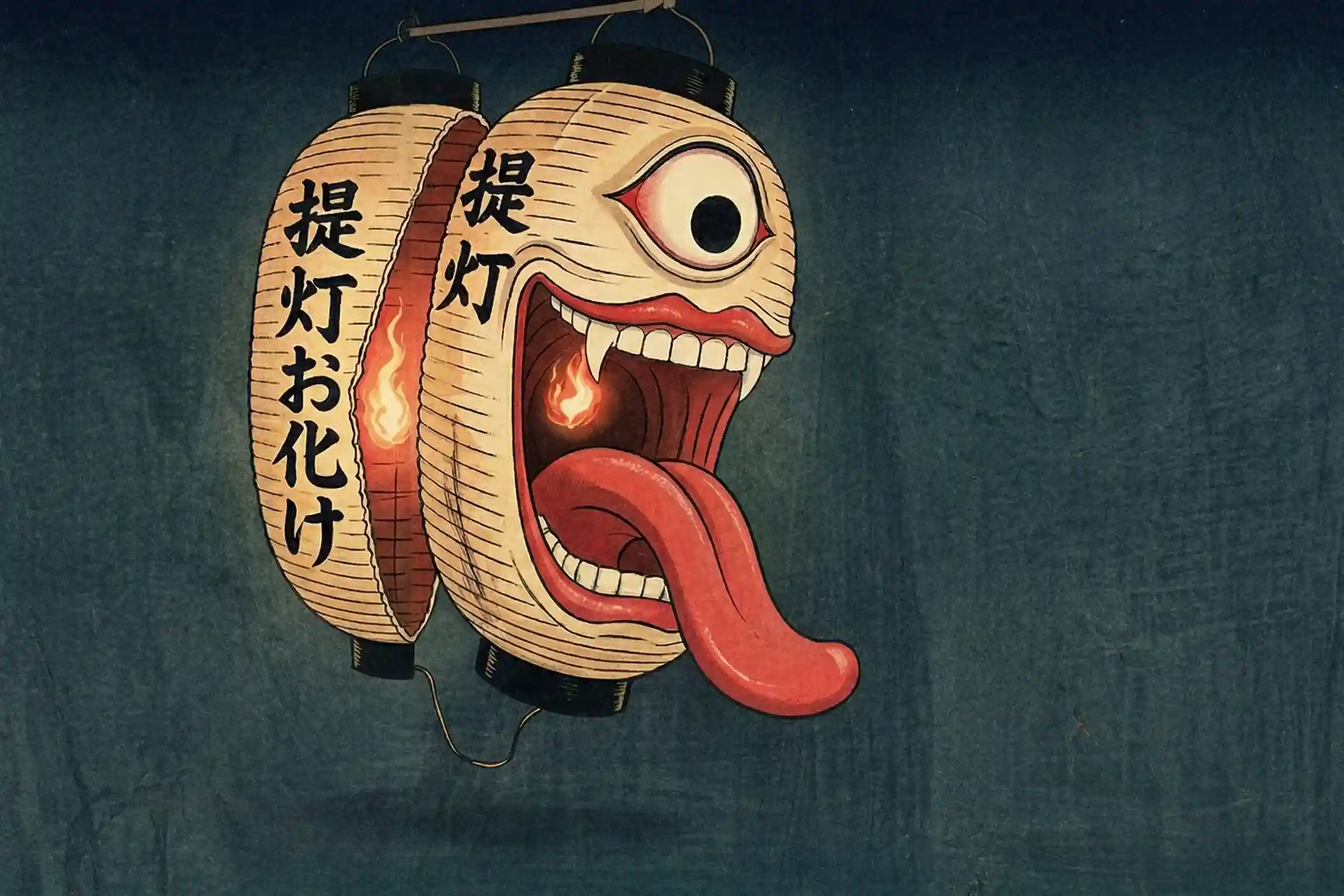 El misterio de los tsukumogami y los objetos que cobran vida al cumplir 100 años - chochin obake linterna burlona ukiyo e yokai tsukumogami japon Un ukiyo-e conservado en 2026, capturando la leyenda cómica del chochin-obake (提灯お化け), la linterna burlona tsukumogami, asustando ligeramente a la gente en un callejón oscuro de kioto.