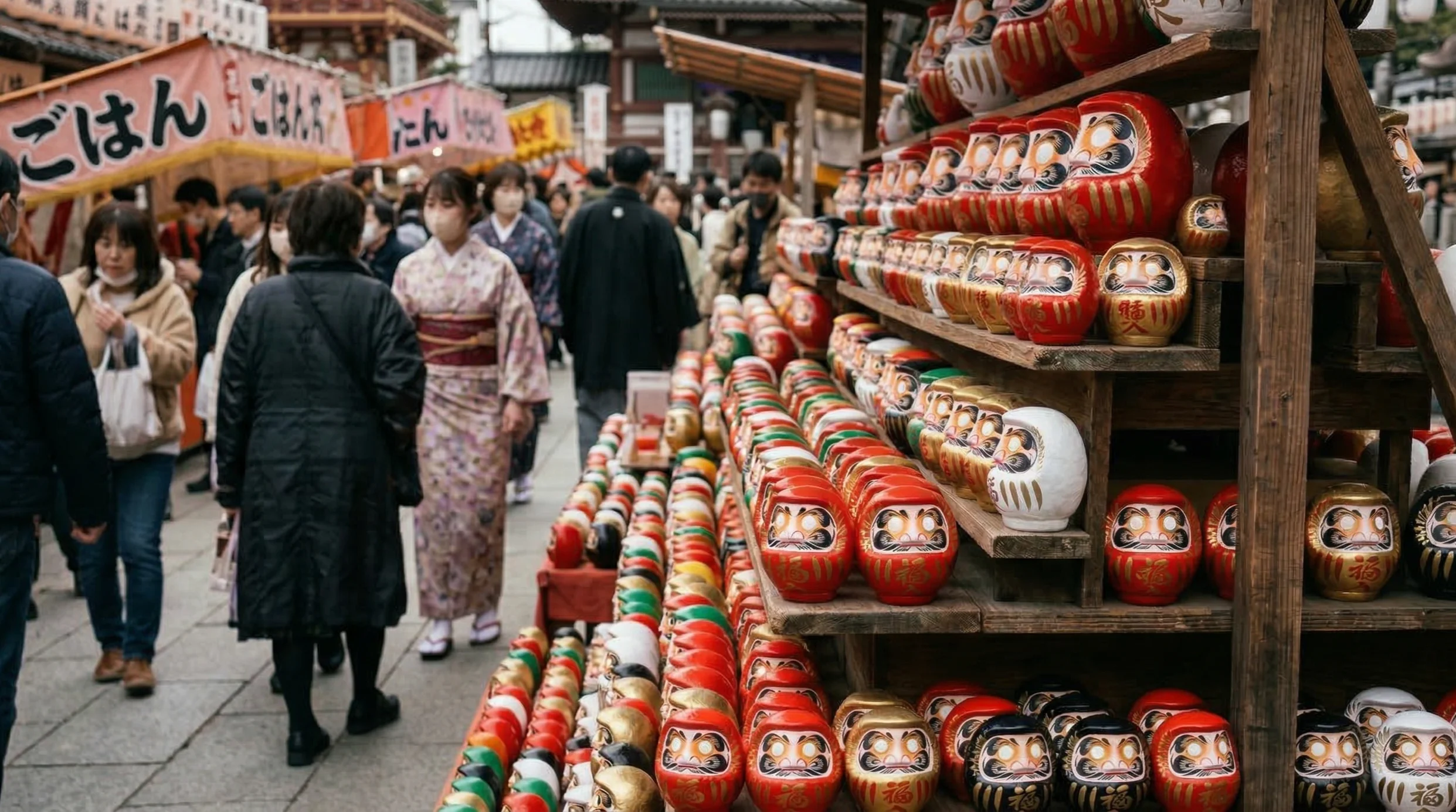 El mágico ritual del daruma y su significado real - colores daruma significado guia Puesto de mercado en japón con decenas de muñecos daruma de diferentes colores como rojo, dorado, verde y blanco apilados en estantes de madera.