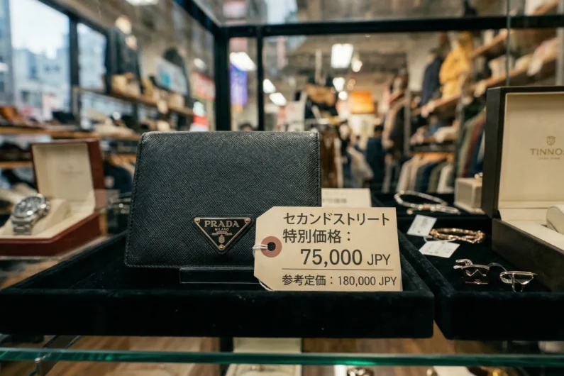 Comprar ropa de marca barata en japón: guía de tiendas de segunda mano (2nd street) - comparativa precios ropa marca usada 2nd street Primer plano de una cartera de cuero prada saffiano en una vitrina con una etiqueta de precio de 75,000 yenes.