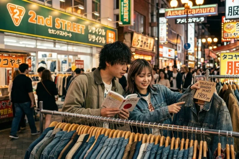 Comprar ropa de marca barata en japón: guía de tiendas de segunda mano (2nd street) - comprar ropa marca barata japon guia segunda mano 2nd street Fotografía de un puesto de ropa de segunda mano de 2nd street en japón con una pareja joven y un letrero que dice 'branded jacket 1900 jpy'.