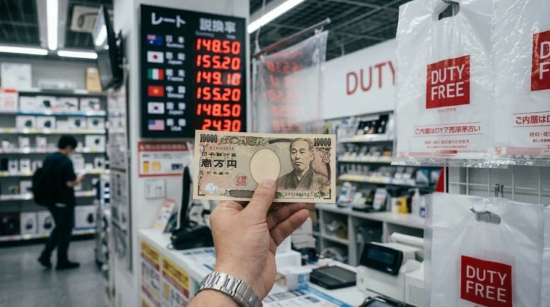 Guía de bic camera y yodobashi: ¿dónde es mejor comprar tecnología en japón? - compras japon aprovechar yen bajo 2026 Mano sosteniendo un billete de 10000 yenes japoneses con un panel luminoso de tipo de cambio desenfocado al fondo.