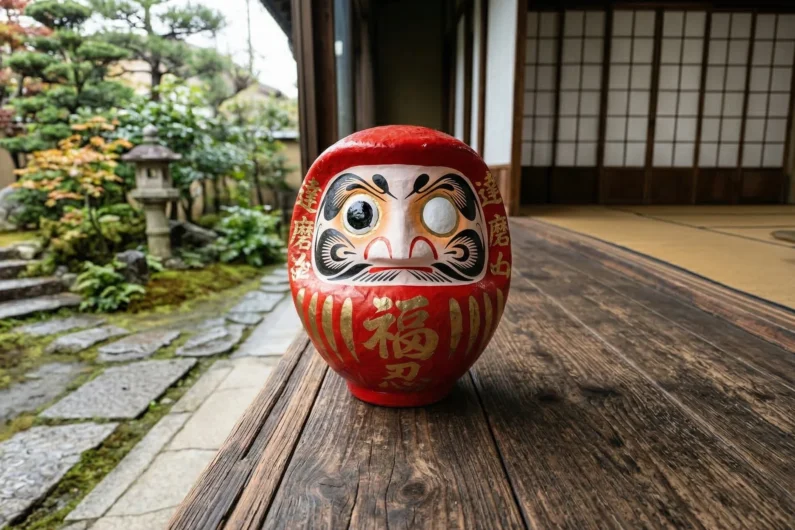 El mágico ritual del daruma y su significado real - daruma japones amuleto significado ojo Primer plano fotográfico de un muñeco daruma rojo japonés de papel maché con solo el ojo izquierdo pintado de negro sobre madera antigua.