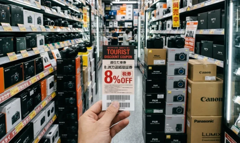 Guía de bic camera y yodobashi: ¿dónde es mejor comprar tecnología en japón? - descuentos vs stock tiendas electronica japon Primer plano de una mano sosteniendo un cupón de descuento de papel con el fondo desenfocado mostrando estanterías llenas de cajas de cámaras. Bic camera es la mejor opción para comprar tecnología en japón para turistas