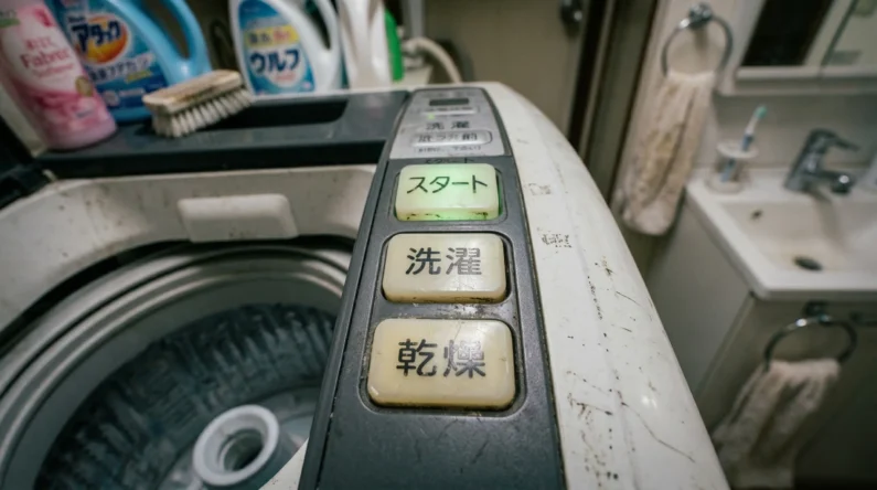 Cómo lavar ropa en japón de forma fácil y rápida en las lavanderías (coin laundry) - diccionario kanji botones lavadora japon Macro extremo de botones de plástico de una lavadora con caracteres kanji japoneses desgastados. Lavar ropa en japón es fácil si conoces estos kanji