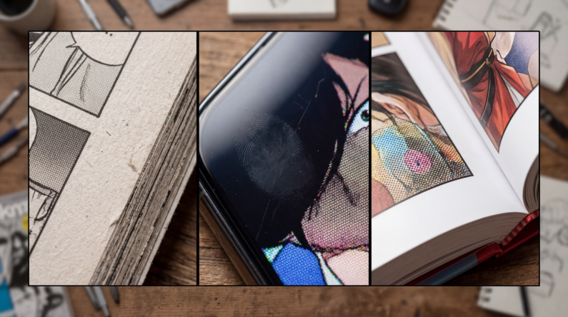 ¿qué diferencias hay entre manga, manhwa y manhua? - diferencias manga manhwa manhua comparativa visual Imagen fotográfica dividida en tres paneles mostrando un primer plano extremo de papel poroso con tinta negra, una pantalla de teléfono brillante y papel de alta calidad a todo color.