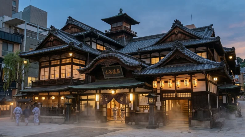 El viaje de chihiro: 5 lugares de japón que debes visitar - dogo onsen matsuyama inspiracion ghibli Una fotografía detallada de la fachada de madera de tres pisos del dogo onsen honkan en matsuyama, japón, iluminada por faroles al atardecer, destacando la arquitectura tradicional meiji.