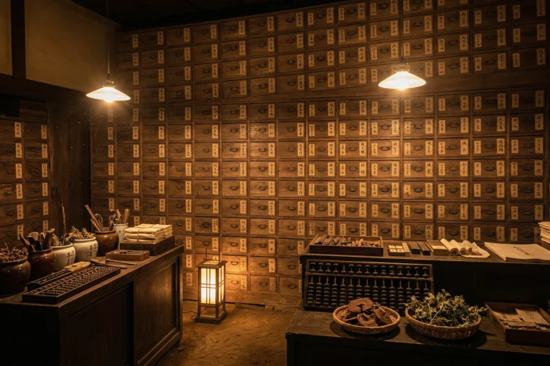 El viaje de chihiro: 5 lugares de japón que debes visitar - edo tokyo open air museum caldera kamaji Interior de una antigua tienda de papelería y herbolario japonés en el edo-tokyo museum, con paredes cubiertas por innumerables cajones de madera numerados y herramientas antiguas sobre el mostrador.