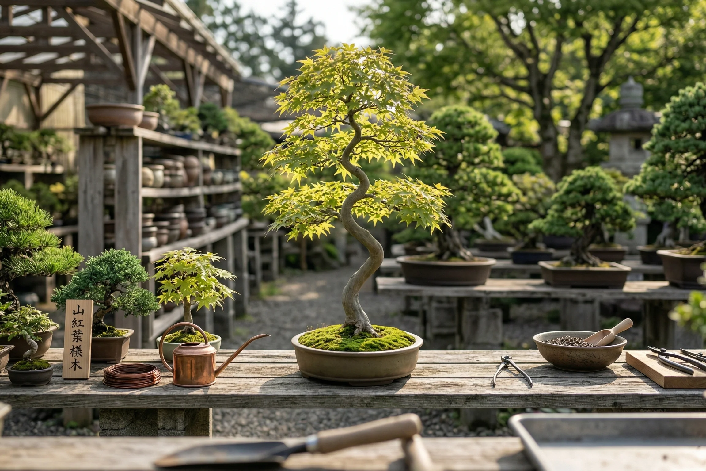 Guía esencial para no matar a tu primer bonsai japonés - estilo bonsai moyogi movimiento natural arce Fotografía exterior de un bonsái de arce japonés con tronco curvo iluminado por la luz del sol en un jardín tradicional.