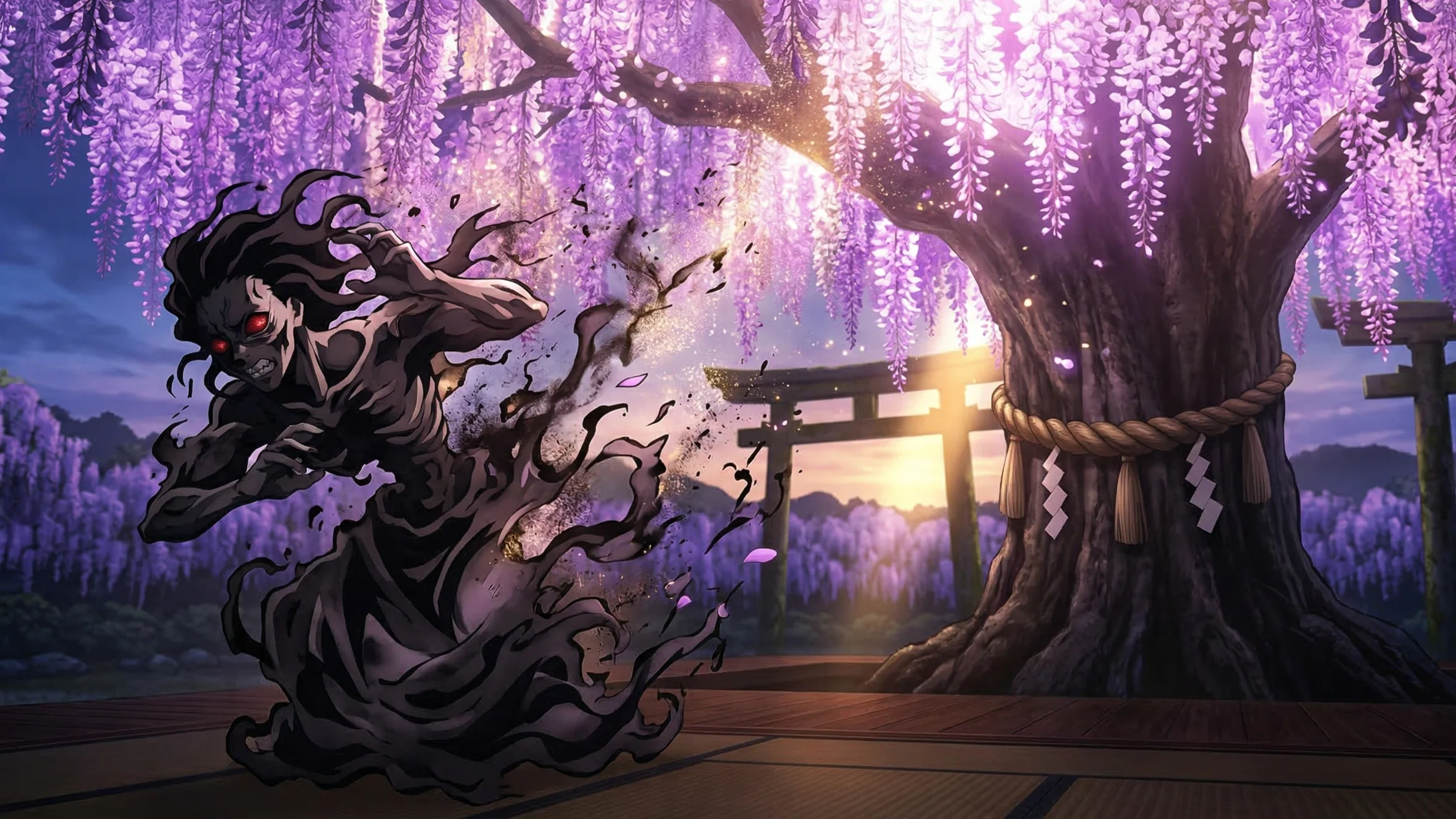 10 secretos de demon slayer (kimetsu no yaiba) que te volarán la cabeza - glicinia fuji demon slayer pureza sintoismo purificacion Las flores de glicinia (藤 - fuji) purificadoras y la masa de corrupción demoníaca, simbolizando el miedo y la falta de humanidad de los demonios.