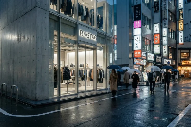 Comprar ropa de marca barata en japón: guía de tiendas de segunda mano (2nd street) - guia compras ropa marca usada ragtag ginza Fotografía fotorrealista vertical de la fachada de vidrio de la tienda de ropa de marca usada ragtag en ginza, tokio, de noche.
