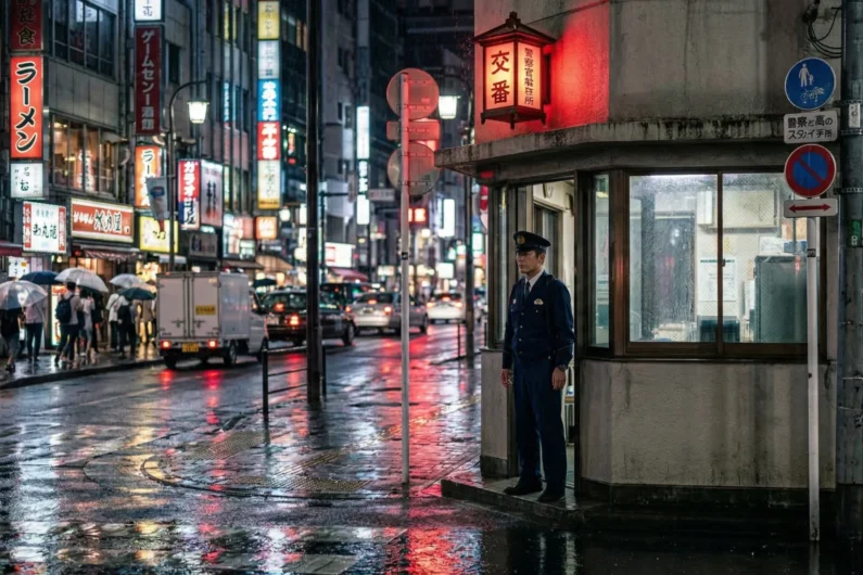 Servicios de emergencia en japón: qué hacer si necesitas un médico o policía - guia emergencias japon 2026 koban policia Puesto de policía japonés (koban) de noche bajo la lluvia, iluminado por una lámpara roja de emergencia.
