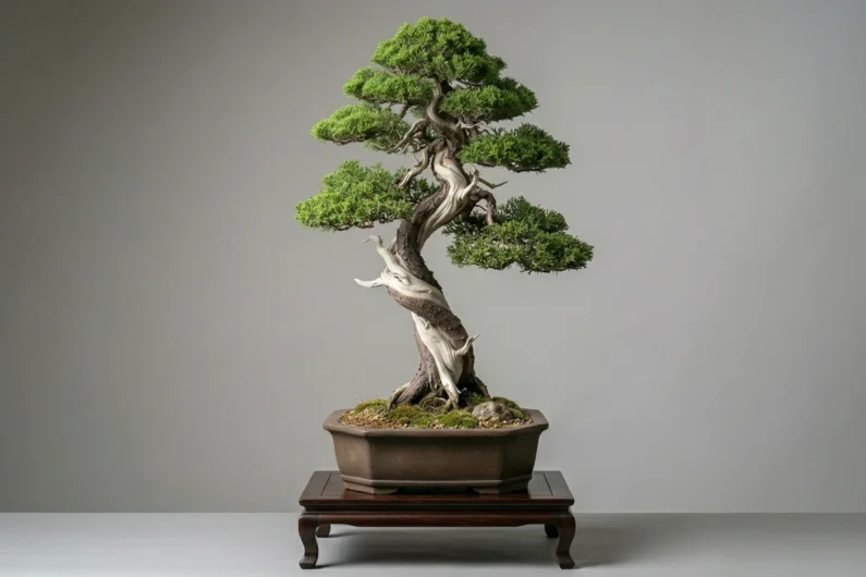 Guía esencial para no matar a tu primer bonsai japonés - guia primer bonsai principiantes estilos Fotografía de estudio minimalista de un árbol bonsái japonés con tronco retorcido sobre un fondo gris neutro.