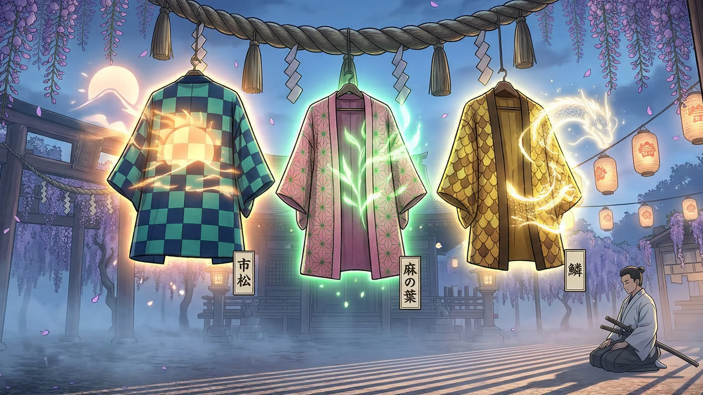 10 secretos de demon slayer (kimetsu no yaiba) que te volarán la cabeza - haori destinado demon slayer patrones textiles japoneses Los tres haori principales (tanjiro, nezuko y zenitsu) colgando en un santuario místico, con sus patrones ichimatsu (市松), asanoha (麻 de la 葉) y uroko (鱗) proyectando visualmente el destino y la protección de los personajes.