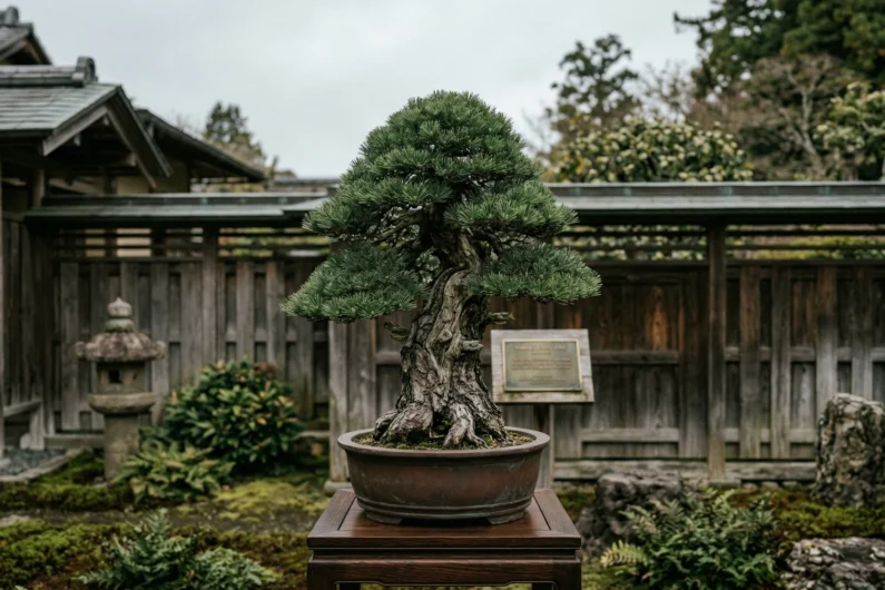 Guía esencial para no matar a tu primer bonsai japonés - historia bonsai pino superviviente hiroshima yamaki Fotografía de un bonsái de pino japonés muy antiguo, con un tronco masivo, exhibido de manera solemne sobre un pedestal de madera.