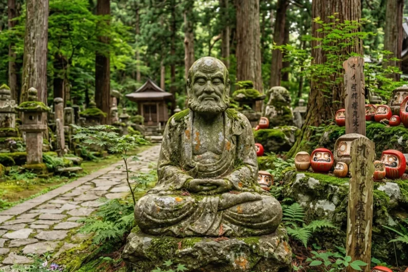 El mágico ritual del daruma y su significado real - historia monje bodhidharma daruma daishi Fotografía de una estatua de piedra antigua y musgosa de un monje budista meditando en un bosque japonés.