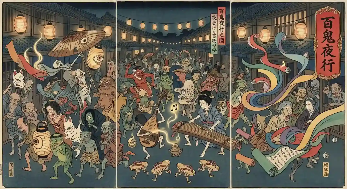 El misterio de los tsukumogami y los objetos que cobran vida al cumplir 100 años - hyakki yagyo desfile nocturno cien demonios ukiyo e Tríptico ukiyo-e del hyakki yagyō mostrando un desfile de cien demonios y tsukumogami en una calle tradicional de japón.