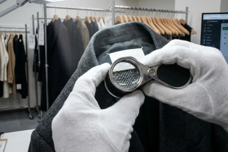 Comprar ropa de marca barata en japón: guía de tiendas de segunda mano (2nd street) - inspeccion calidad autenticidad ropa usada japon Manos con guantes blancos usando una lupa para revisar la costura del cuello de una chaqueta de diseñador.