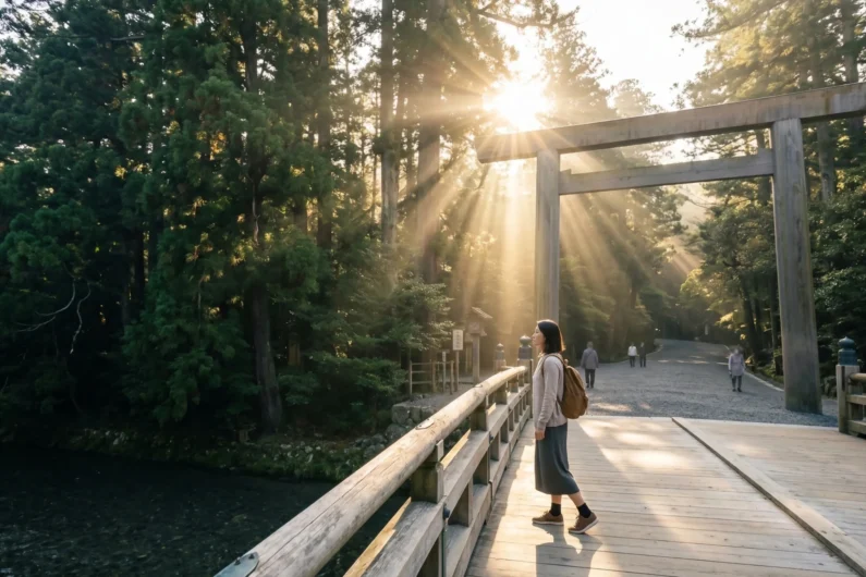 Amaterasu diosa del sol y el mágico origen de japón: guía de santuarios - ise jingu entrada puente uji komorebi amaterasu mie El puente uji bajo rayos de luz komorebi que simbolizan la presencia de amaterasu en mie