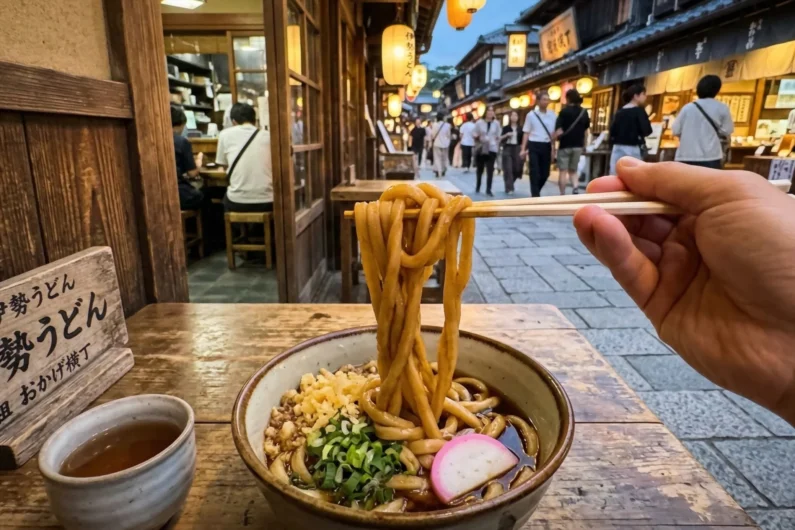 Amaterasu diosa del sol y el mágico origen de japón: guía de santuarios - ise udon pov okage yokocho comida tradicional peregrino japon Comer en okage yokocho después de visitar ise jingu unos riquísimos fideos de ise udon no tiene precio