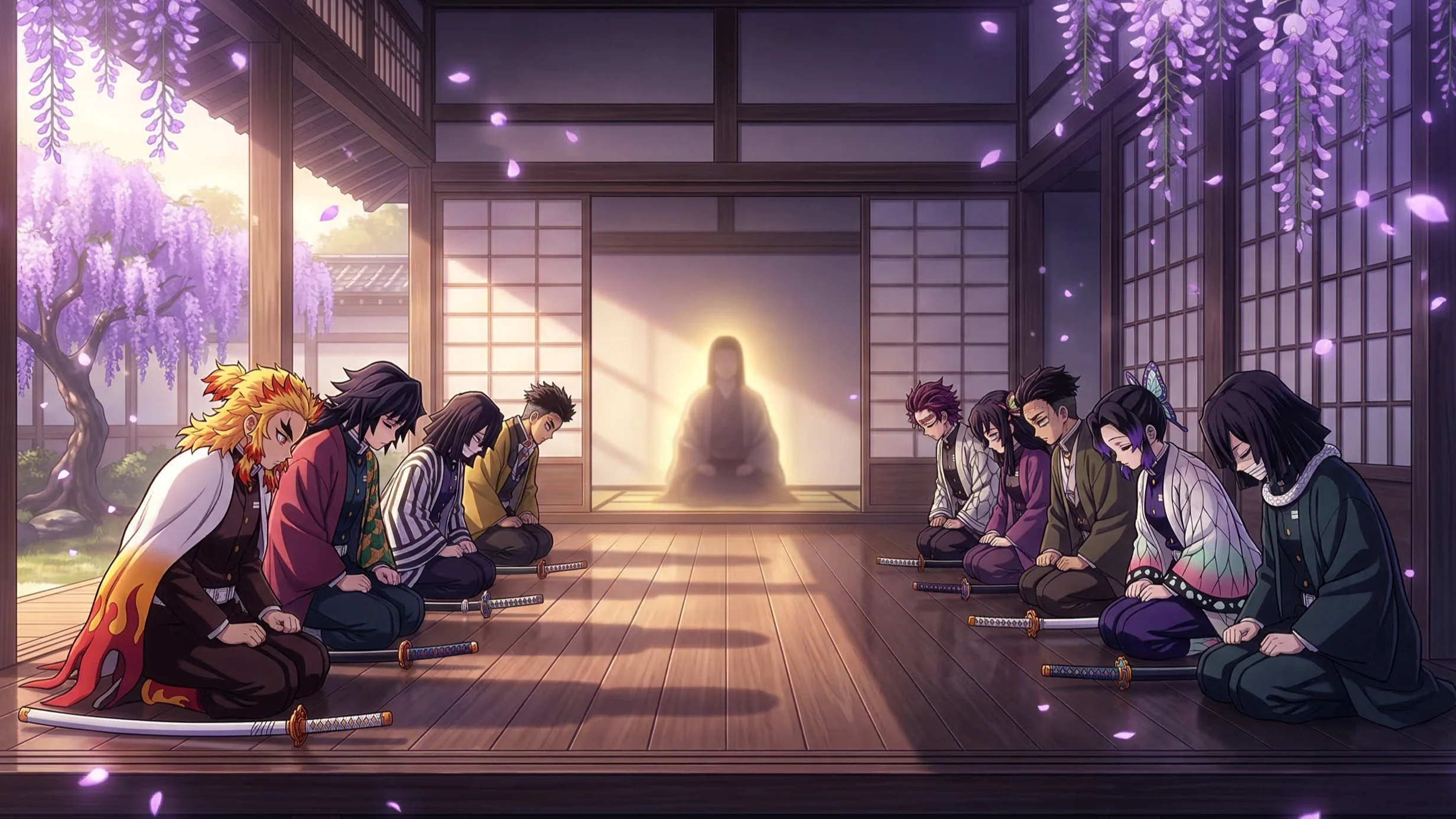 10 secretos de demon slayer (kimetsu no yaiba) que te volarán la cabeza - jerarquia hashira protocolo demon slayer La formación de los pilares (hashira) ante su líder: un reflejo visual de los siglos de jerarquía y honoríficos del japón feuda