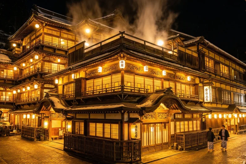 El viaje de chihiro: 5 lugares de japón que debes visitar - kanaguya ryokan shibu onsen inspiracion dorada Una imagen nocturna impresionante del kanaguya ryokan de cuatro pisos, completamente iluminado con luz cálida y dorada que hace resaltar sus intrincados detalles de madera contra el cielo oscuro.