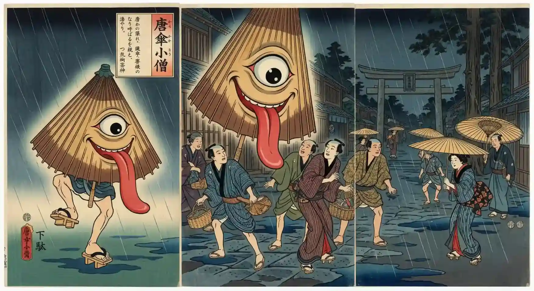 El misterio de los tsukumogami y los objetos que cobran vida al cumplir 100 años - karakasa kozo paraguas saltarin ukiyo e yokai tsukumogami japon Un tríptico de ukiyo-e restaurado en 2026, capturando la leyenda cómica del karakasa-kozo (唐傘小僧), el paraguas saltarín tsukumogami, asustando ligeramente a la gente en una noche lluviosa de edo.