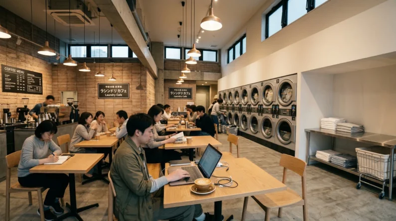 Cómo lavar ropa en japón de forma fácil y rápida en las lavanderías (coin laundry) - laundry cafe nakameguro tokio moderno Interior de una lavandería japonesa moderna con mesas de madera, una persona trabajando en un portátil y máquinas de lavado al fondo.