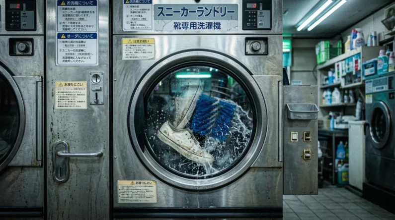 Cómo lavar ropa en japón de forma fácil y rápida en las lavanderías (coin laundry) - lavadora zapatillas japon guia 2026 Primer plano de una lavadora de zapatos japonesa a través del cristal, mostrando agua jabonosa, un cepillo azul y zapatillas lavándose