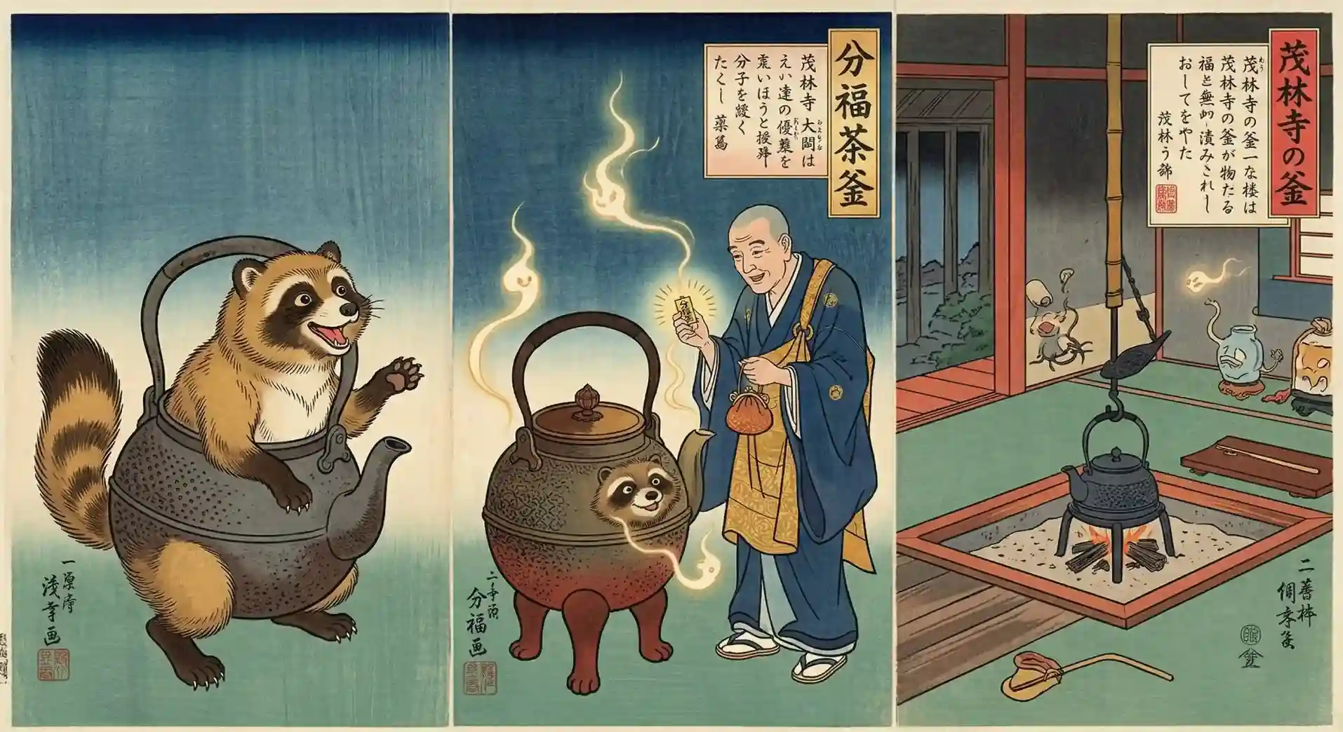 El misterio de los tsukumogami y los objetos que cobran vida al cumplir 100 años - leyenda bunbuku chagama tetera tanuki morinji Tríptico ukiyo-e de la tetera bunbuku chagama transformándose en tanuki en el templo morin-ji.