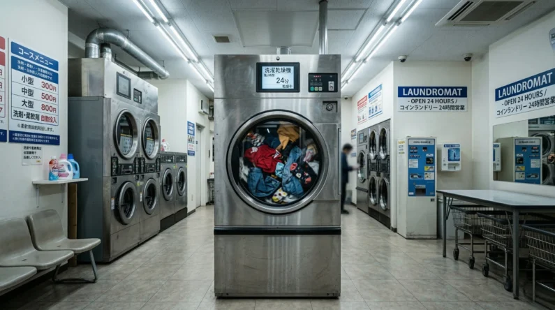 Cómo lavar ropa en japón de forma fácil y rápida en las lavanderías (coin laundry) - maquina hibrida lavadora secadora japon Máquina de lavandería industrial japonesa de acero inoxidable pulido con una pantalla digital iluminada