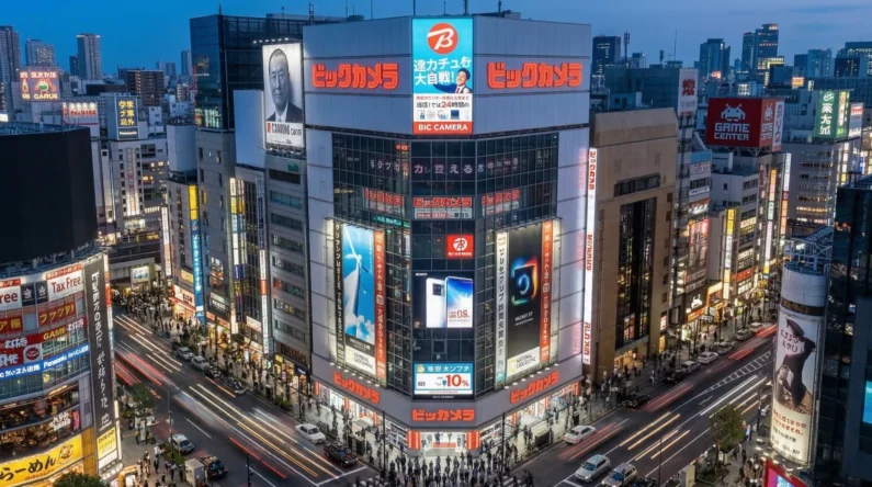 Guía de bic camera y yodobashi: ¿dónde es mejor comprar tecnología en japón? - nuevo bic camera it tower ikebukuro Edificio gigante de electrónica bic camera en ikebukuro, tokio, iluminado de noche con pantallas digitales y gente cruzando la calle.