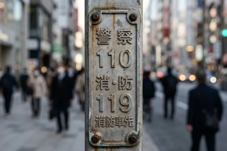 Servicios de emergencia en japón: qué hacer si necesitas un médico o policía - numeros emergencia japon 110 119 policia ambulancia Fotografía macro de una placa metálica urbana en japón con los números de emergencia 110 y 119 grabados.