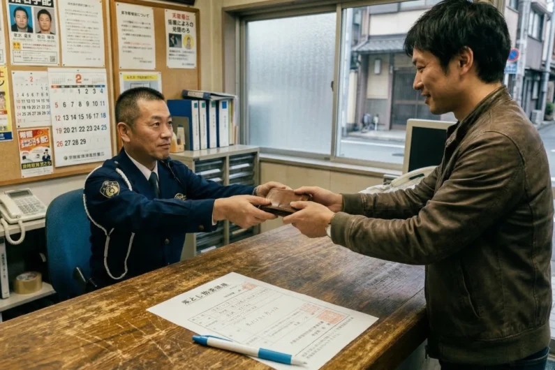 Servicios de emergencia en japón: qué hacer si necesitas un médico o policía - objetos perdidos japon otoshimono koban Oficial de policía japonés devolviendo una cartera de cuero perdida a un turista sobre un mostrador de madera con formularios policiales.