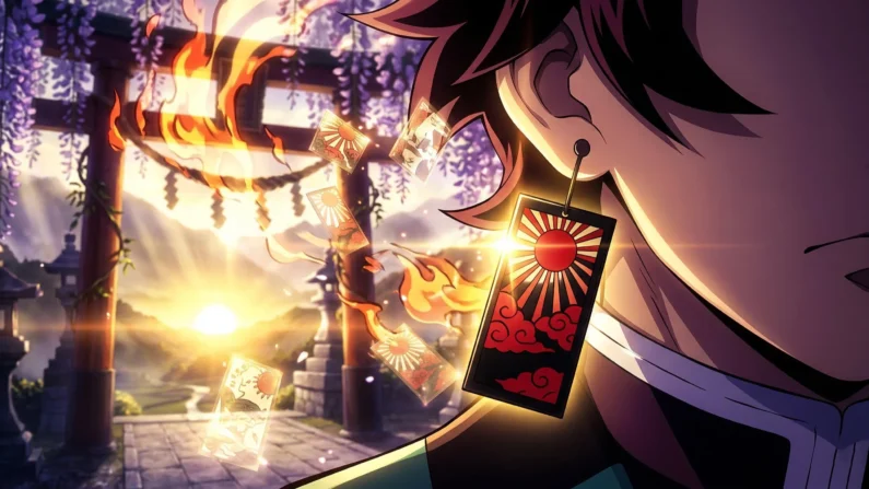 10 secretos de demon slayer (kimetsu no yaiba) que te volarán la cabeza - pendientes hanafuda tanjiro misterio luz Los icónicos pendientes hanafuda de tanjiro, capturados en el místico monte sagiri al amanecer, con el efecto de la respiración solar hinokami kagura y otras cartas de hanafuda (花札) flotando en el aire